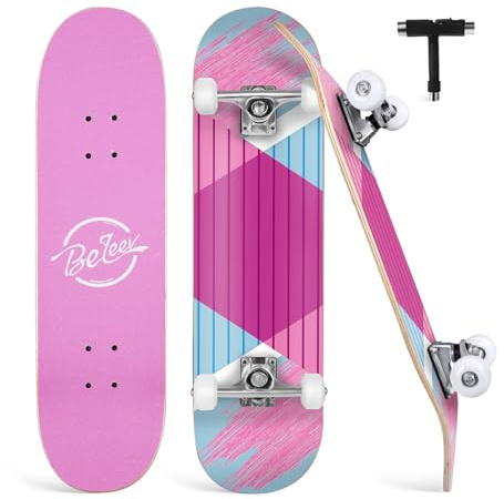 BELEEV Skateboard 31x8 pour Débutants, Enfants, Adolescents et Adulte, Complet Pro Cruiser Skateboard pour Fille Garcon, Érable Canadien 7 Couches, Double Plateau Concave avec Outil en T
