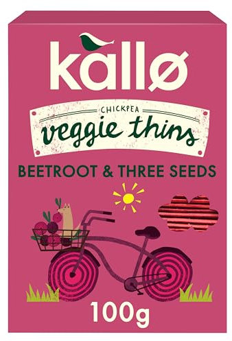 Kallo Beetroot & Three Seeds Veggie Thins Crackers | Healthy Snacks High Fibre, Plant Protein, Gluten Free & Baked | 100g Single Pack