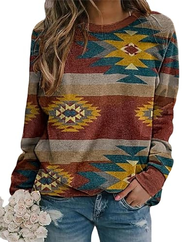 TOSHIKII Aztek-tröja för kvinnor vintage etnisk geometriskt tryck pullover västerländsk tribal mönster toppar blus, 16, M