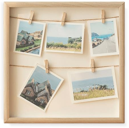 GOMETY Portafoto in legno, cornice da parete con corda, versatile per foto o cartoline, colore naturale
