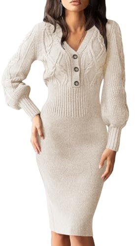Cicy Bell, abito in maglia da donna, con scollo a V, lunghezza al ginocchio, con bottoni, a maniche lunghe, sexy, maglione, abito lungo, invernale, midi, arancione, M