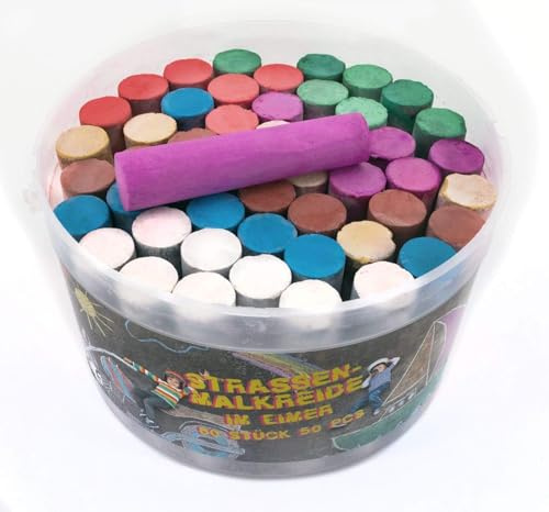 TerCasa 998706 Juego de 50 tizas de pintura de calle con purpurina en cubo con tapa y asa, 30 colores y 20 tizas de pintura con purpurina para adoquines o asfalto, para niños a partir de 3 años