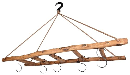 UNUS Scala decorativa in legno da appendere in legno di frassino, look antico, 120 cm, con 5 ganci e ganci da soffitto in ghisa, scala rustica in legno come decorazione