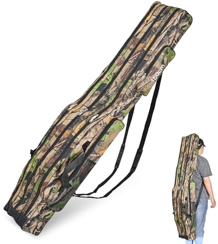 LEOFISHING Portable 3 Layers Fishing Pole Bag Durable Oxford Folding Fishing Rod Reel Carry Case Tackle Storage Bag Case Waterproof Camouflage Travel Fishing Carrier (Yellow Camouflage, 150cm/59in)