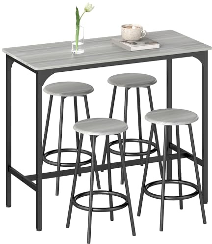 HOMCOM Set Tavolo Bar con 4 Sgabelli, Bancone, Tavolo Alto con Sgabelli con Poggiapiedi, Tavolino Bar per Pranzo, Soggiorno e Cucina, Grigio e Nero