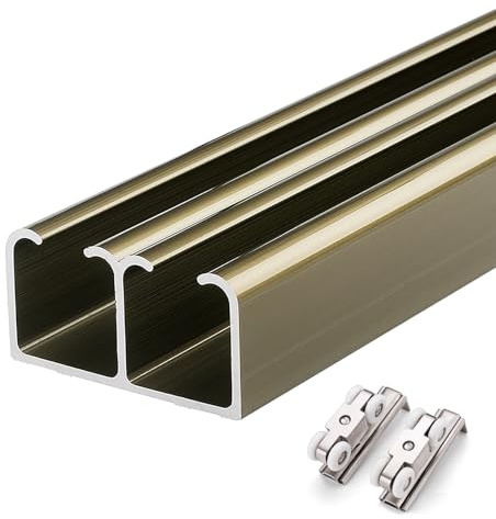 Kit di ferramenta per porta scorrevole doppia, resistente, da 460 cm, per soggiorno, ufficio, cucina, binario in alluminio (champagne), adatto per porte da 100 a 500 cm