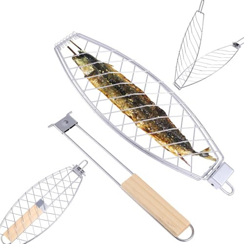 lasuroa Cesta Parrilla Pescado, Cesta Plegable Hierro con Mango de Madera Rejilla Antiadherente Herramientas para Cocinar al Aire Libre Ideal para Cualquier Barbacoa de Pescado