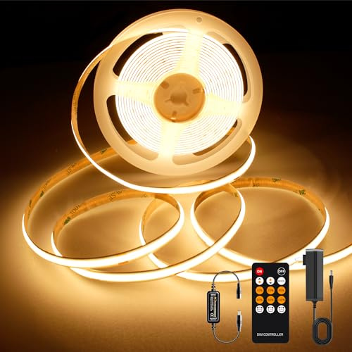 AXMOTUT COB LED Strip Light Warm White, High Bright LED Lights with 2400LEDs, RF Remote and UL Power Supply, 2700K Dimmable LED Rope Lights for Mirror, Bedroom, Kitchen, DIY Home Decoration