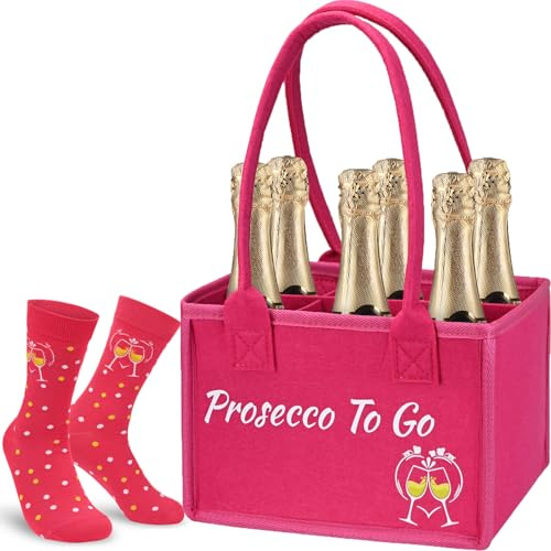 srclo Prosecco - Bolso de fieltro para mujer, para 6 botellas, cesta para botellas, calcetines divertidos, bolsa de la compra Prosecco to Go regalos para mujer, novia, noche de chicas