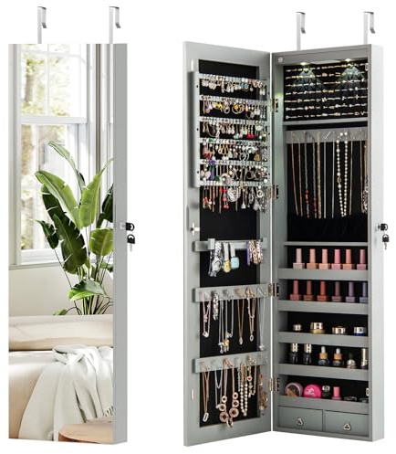 COSTWAY Armoire à Bijoux Mural avec Miroir et Lumière LED Armoire de Rangement Accrochée à La Porte 120 x 36 x 10 cm (Gris)