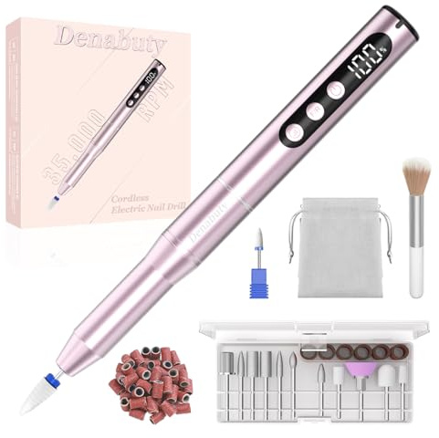 Denabuty Electric Nail Drill Cordless, 35000RPM Portable Electric Nail File with LCD Display and 12 Nail Drill Bits for Acrylic & Gel Nails, Professional Manicure & Pedicure Kit Set Pink