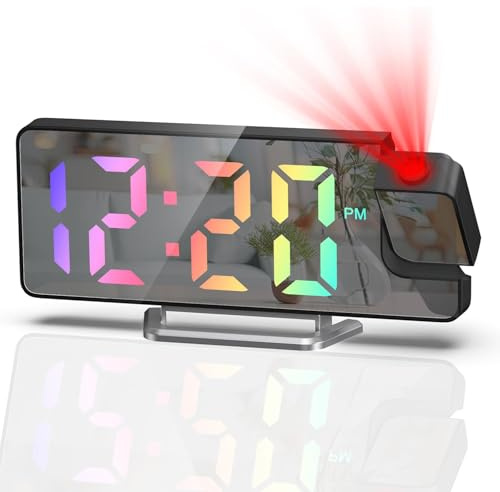Maoskax Projection Alarm Clocks for Bedroom LED Digital Clock Colorful Digit 180° Rotatable Projector Snooze Date Temperature 12/24H 3-Level Brightness for Home Office (Adapter Not Included)