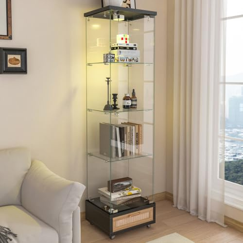 chellago Vitrine avec tiroirs et éclairage LED - 13 couleurs - Vitrine en verre debout - 167 cm de haut - 4 étagères - Armoire avec tiroir à fermeture douce - Vitrine étroite pour salon - Noir