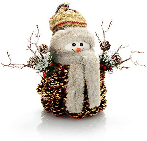 com-four® Schneemannfigur Größe M Premium, winterliche Dekofigur mit Tannenzapfenkörper, Handmade liebevolle weihnachtliche Details, hinreißende Tischdeko für die Adventszeit (goldfarben - M)