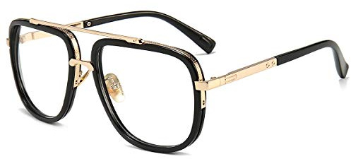 Dollger Lunettes de soleil carrées surdimensionnées pour hommes Femmes Pilot Shades Gold Frame Lunettes rétro (Cadre noir doré/transparent)