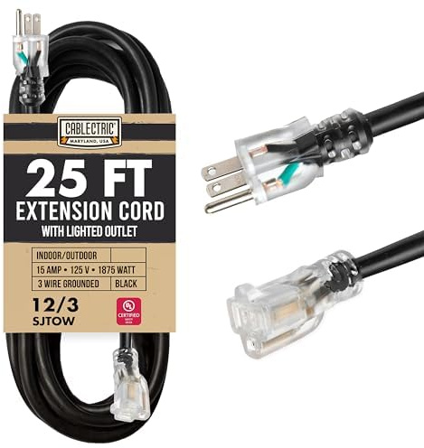 Cablectric 25 Ft Black Oil Resistant Extension Cord for Farms & Ranches - 12/3 SJTOW Heavy Duty 12 Gauge Outdoor Cable with 3 Prong Grounded Plug, 15 AMP