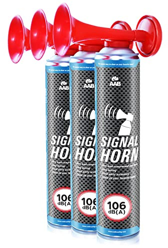 AAB Signal Horn - Set di 3 Pezzi - Trombetta da Stadio ad Aria Compressa con Gas Non Infiammabile, Fino a 320 Segnali Brevi, Segnalatore Acustico Molto Rumorosa, Trombe Stadio per Feste, Gas Trombetta
