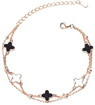 FFWTPY Armband Damen Vierblättriges Kleeblatt S925 Sterling Silber Rosegold Armkette Verstellbar Kleeblatt armbänder Malachit Armbändchen Valentinstag Muttertag Weihnachten Geschenk für Frauen