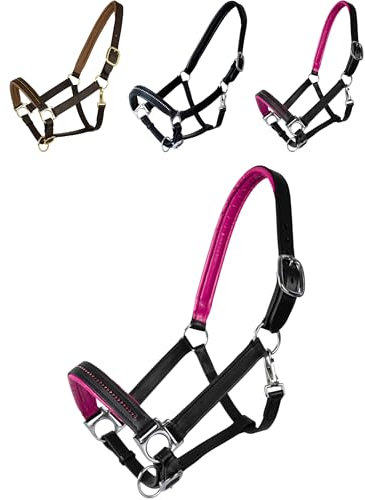Marengos - Halfter Diamond aus Leder | Halfter für Pferde | Pferdehalfter mit farbig unterlegtem Nasenriemen & Genickstück | edles Lederhalfter | Pferde Zubehör in Schwarz/Pink | Shetty
