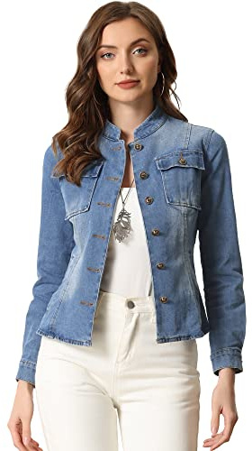 Allegra K Chaqueta de Mezclilla Casual para Mujer Chaqueta Vaquera Clásico de Manga Larga Azul S