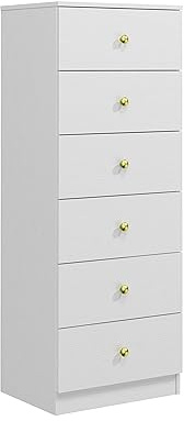 Panana Modern 6 Drawer Vertical Dresser, Wood Tall Chest of Drawers N Arrow Storage Organizer with Wide Drawers & Metal Gold Handles for Bedroom, Living Room, Office, Hallway, Entryway (White)