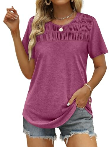 OFEEFAN Womens Tunic Tops to Wear with Leggings Short Sleeve Pleated Shirt Maroon XXL