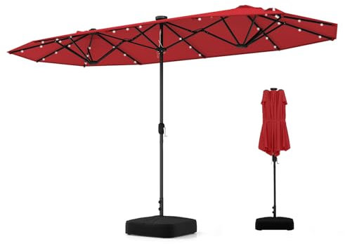 COSTWAY Grand Parasol de Jardin Exterieur avec Pied, 400 x 200 cm, Parasol Double XXL avec LED Solaire et Manivelle, 8 Personnes, Toile en Polyester, pour Terrasse, Patio, Piscine (Vin Rouge)