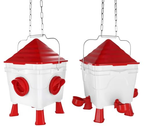 QWORK® Hühner Futterautomat & Tränke Set, 6Kg Futterbehälter & 8.5L Wasserspender - mit Abnehmbare Füße und Stahlketten