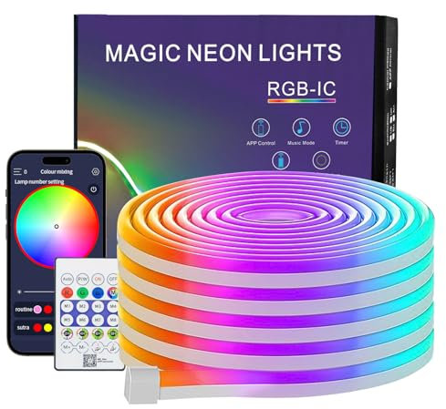 PSTAR Neón Tiras LED 5 Metros, Tira led Exterior Impermeable IP67, con Mando a Distancia Control Bluetooth APP, para Habitacion, Fiesta, Jardín