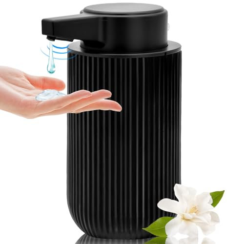 300ml Automatic Touchless Glass Soap Dispenser, Rechargeable Hands Free Ribbed Liquid Soap Dispenser with Electric Sensor Pump, Refillable Soap Bottle for Bathroom Kitchen Dish Countertop (Black)