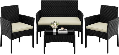 Yaheetech 4-Piece Rattan Conversation Set, Sofa & Glass Table, Black/Beige | Outdoor Handwoven Wicker | PE Rattan Sofa with Soft Cushions | 2 Chairs & Tempered Glass Table | For Yard, Poolside & Garden