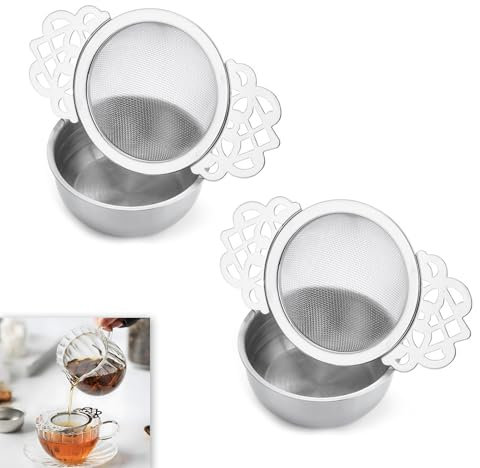 2 Pcs Tea Strainer with Bowl, Stainless Steel Tea Strainer, Loose Fine Mesh Tea Strainer, Loose Leaf Tea Filter, Double Handle Tea Strainer with Carved Handle Design, Ideal for Tea Cups Bowls Teapots