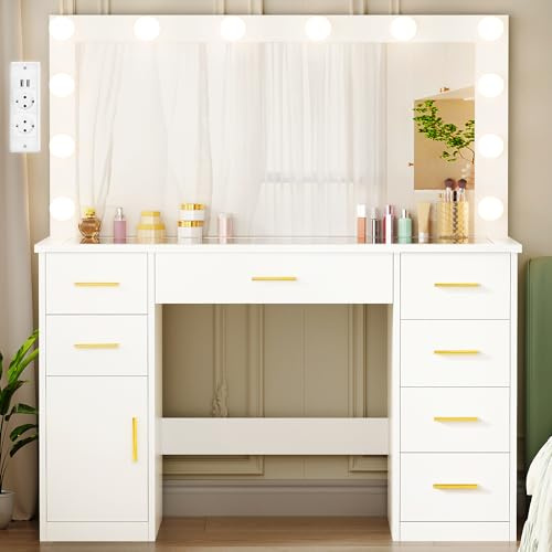 ANWBROAD Grande Tocador de Maquillaje con Vidrio Luces LED Regulables y enchufes Mesa de Maquillaje con Espejo Tocador Moderno con 7 cajones Moderno Blanco 140x110x40cm BDT83W