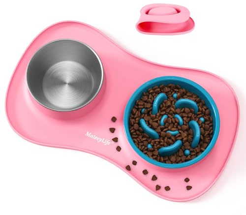 MateeyLife Set de Gamelle Chien 3 en 1, Gamelle Anti Glouton et Eau en Acier Inoxydable avec Tapis Anti-Dérapant en Silicone, Bols pour Chiots pour Races Petites, Moyennes et Grandes 43.7×25.9 cm