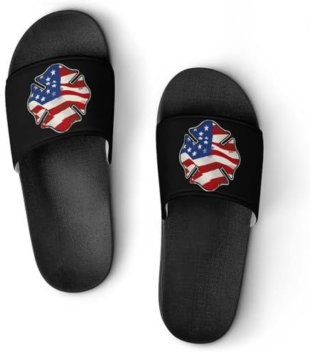 Firefighter with U.S. Flag Summer Slide Sandals Shower Slipper Open Toe House Shoes for Men Women 42 (260mm)