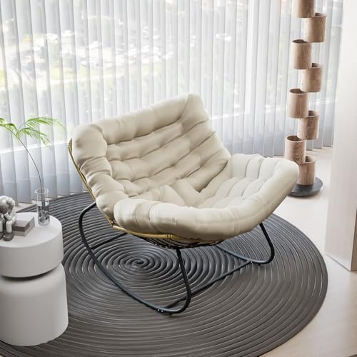 AuraFurn Mecedora, Sillón Mecedor Ergonómico Extra Grande, Mecedora de Ratán, Silla Relax con Cojín Extra Grueso, Ideal para Balcón, Jardín y Salón, Capacidad de Carga Hasta 140kg (Beige)