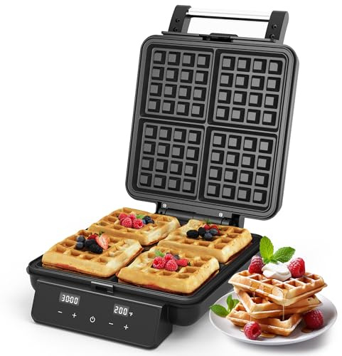 SUNVIVIPRO 1200W Belgian Waffle Maker with 4-Slice, Waffle Iron with Nonstick Plates, Time & Temp Control, LCD Display, Perfect Waffle Machine for Kids and Families, Stainless Steel, Silver