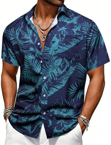Barry.Wang Mens Hawaiian Shirt Tropical Navy Jungle Leaf Floral Short Sleeve Button Down Aloha Shirts Summer Luau Beach Cruise Party Casual Wear