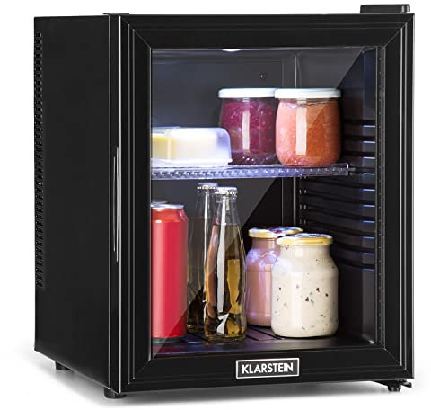 KLARSTEIN Nevera Pequeña Portatil Eléctrica Puerta Cristal, Mini Nevera Silenciosa para Casa y Oficina, Frigorificos Pequeños Refrescos, Cervezas, Estantes Extraíbles, Minibar 12-18°C, 32 l.