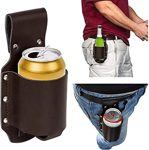 PU Leather Beer Holster, Waist Bag Travel Pouch for 12 Ounce Beer Bottle Beer Can Soda Beverage Holder, for Picnic Beach Barbeques (Brown)