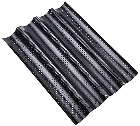 Dilpeak Moulle baguette four, moulle à baguette pain, moule baguette, plaque de cuisson perforée Anti-antiadhésif, pour 4 baguettes, moules à pain en haute qualité (38 x 33 x 2 cm noir)