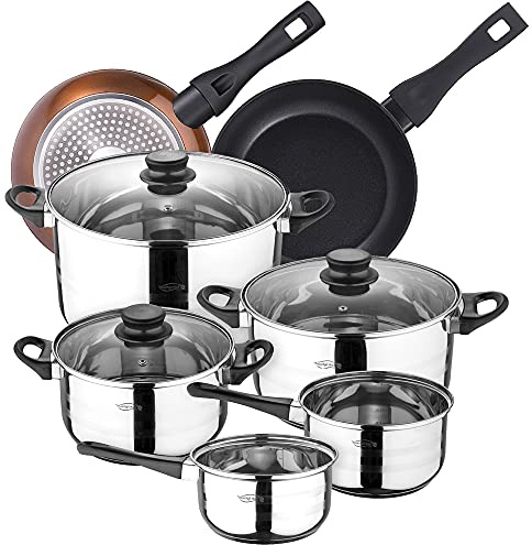 San Ignacio Bateria de cocina 8 piezas Toledo, acero inoxidable, con juego sartenes (20/24 cm) BERGNER Neon Classic en aluminio forjado