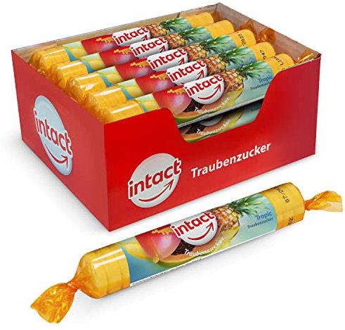 intact Traubenzucker (NEU: Tropic) Rolle 15 St. • Multipack (15 x 40g) Traubenzucker Bonbons • 100% Vegan