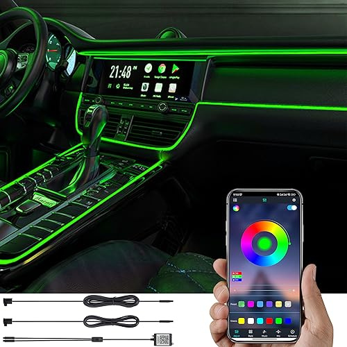 TABEN Kit de luz Ambiental para automóvil 3m Fibra óptica 64 Colores Bluetooth App Control RGB Multicolor Sonido Música Sincronización USB Car Interior Atmósfera Iluminación con Cargador de automóvil