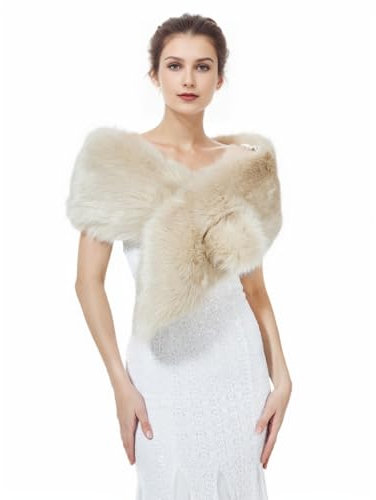 BEAUTELICATE Damen Kunstpelz Schal Stola Bolero Winter Pelzkragen für Hochzeit Karneval Gatsby Cosplay Brautschal Brautstola (Beige - Plus Size - 170cm)
