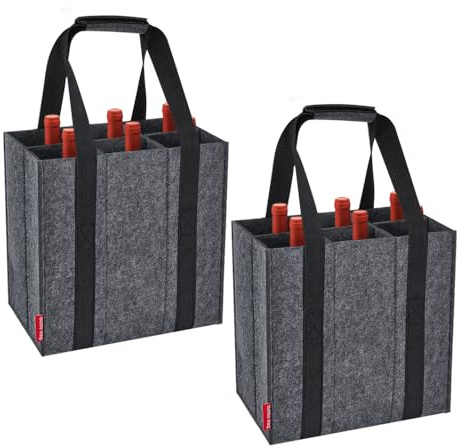 Eurhomewit 2 Pack Wine Bottle Carrier 6 Compartments, Bottle Bag Felt Wine Tote Bag Holder with Protable Handles, Reusable Wine Bottle Bag for Transporting Red Wine, Champagne, Beer and Water Bottles