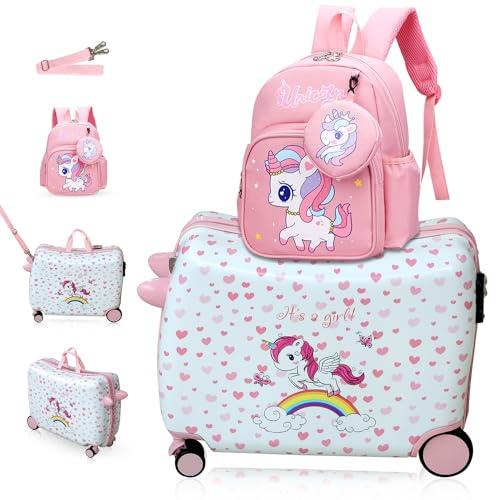 R.Leone Valigia Cavalcabile per Bambini Ryanair 55x40x20 cm + 30x23x14 cm Set 2 Pezzi Trolley Bagaglio a mano 4 Ruote e Zaino 311 (Unicorno, Valigia 55x40x20cm+Zaino)