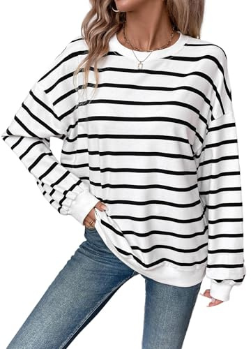 YUTILA Sudadera para mujer a rayas – Oversize manga larga cuello redondo suéter suelto casual suéter casual otoño e invierno, Blanco, L
