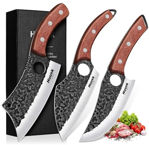 Huusk Butcher Knife Set of 3- Japanese Knife Set for Meat Cutting, Hand Forged Viking Knives Sets with Meat Cleaver, Heavy-Duty Kitchen Knives Sets for Bone BBQ Vegetable, Gift Idea for Men & Women