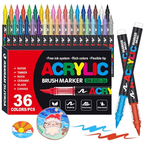 Laconile 36 Colours Accrylic Paint Brush Markers Set -Paint Pens Acrylic Markers for Rock Painting Cermic Glass Stone Metal Fabric, Water-based Acrylic Paint Pens with 1-6MM Flexible Brush Tip